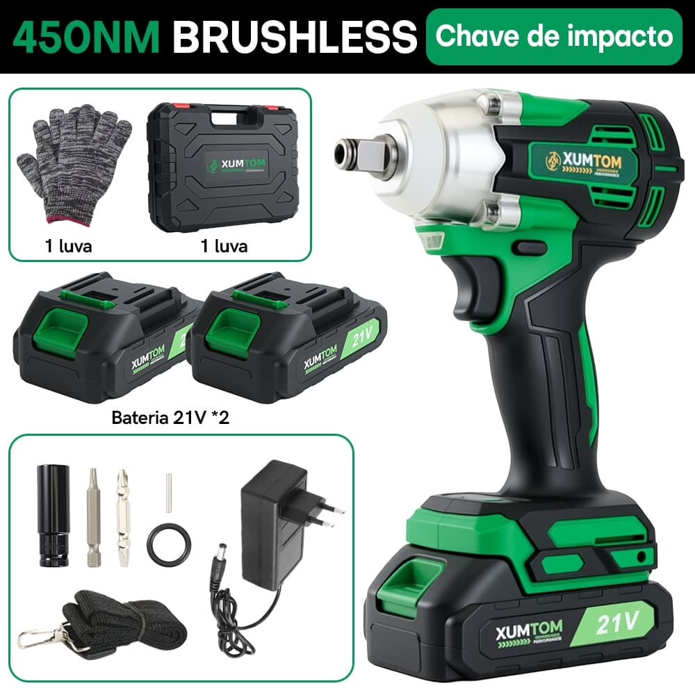 Chave de Impacto 450NM Elétrica Sem Fio Parafusadeira Brushless Com Maleta 2 Bateria  Reforçada
