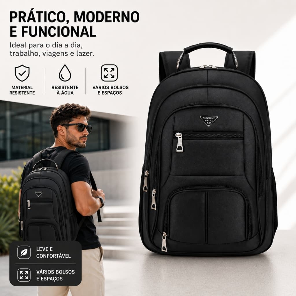 Mochila Grande Unissex Resistente Impermeável para Notebook Alta Capacidade com Compartimentos Ideal para Trabalho e Fac