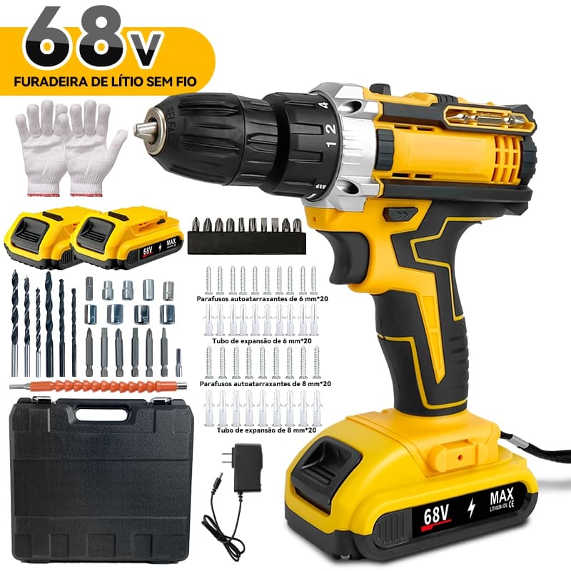 Parafusadeira e Furadeira 68V Recarregável com 2 Baterias Maleta Completo Bivolt Uso Doméstico e Profissional