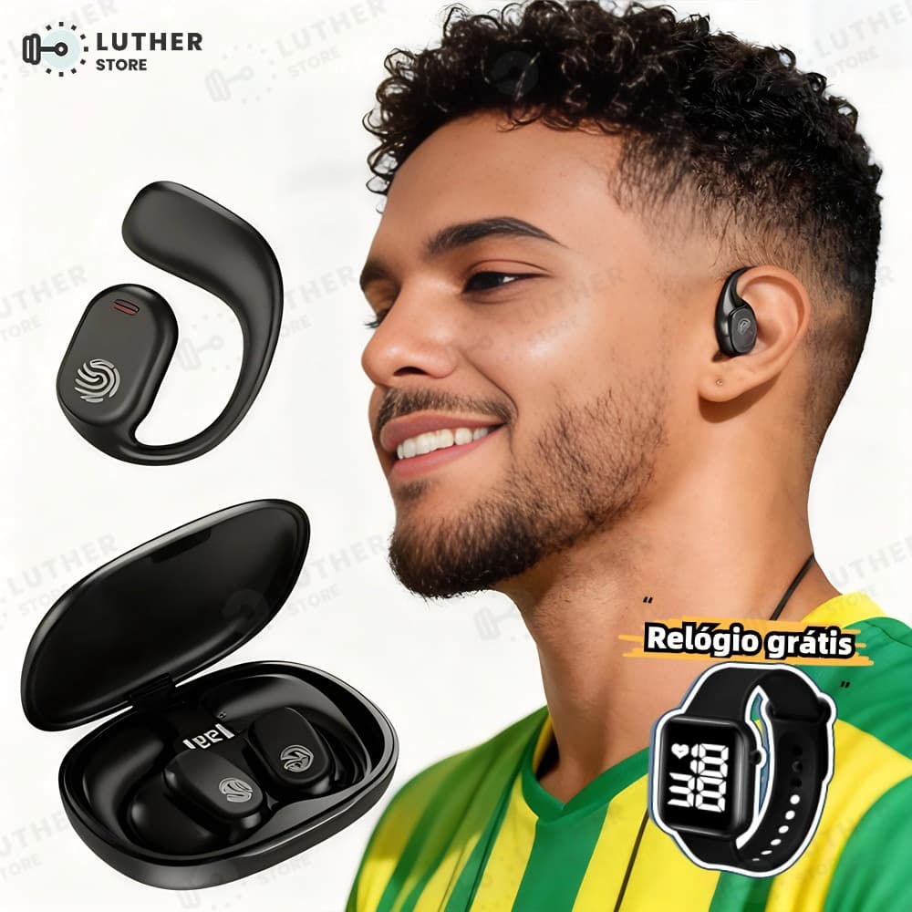 Fone de ouvido TWS com condução óssea, sem fio, Bluetooth 5.3, clip-on, display digital, redução de ruído verdadeira -LU