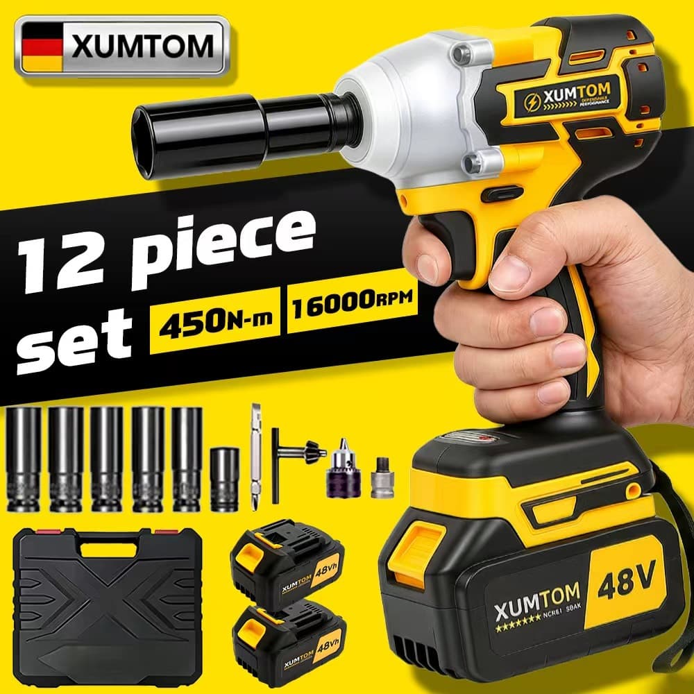 Chave de Impacto 48V 450Nm Brushless - Kit com Furadeira e Parafusadeira - 2 Baterias, Maleta Bivolt, Uso Automotivo Pro