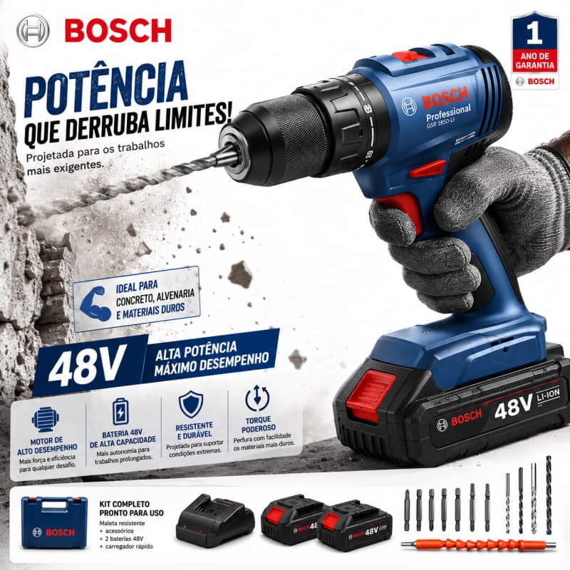 Parafusadeira Furadeira Elétrica 48V Parafusadeira 2 baterias, Furadeira de Impacto bosch Original