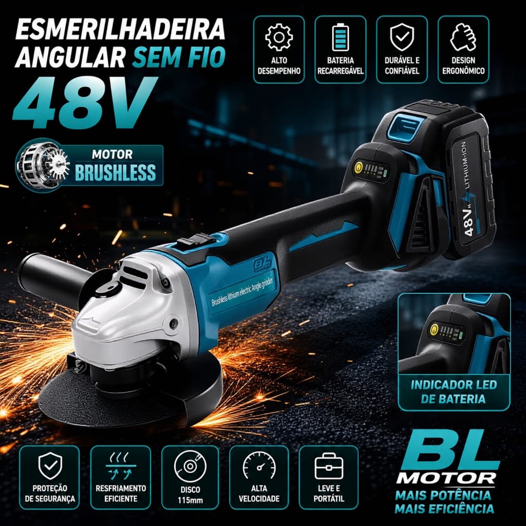 Esmerilhadeira Angular com 2 Baterias Sem Fio 125mm Brushless 48V LED Indicador de Carga