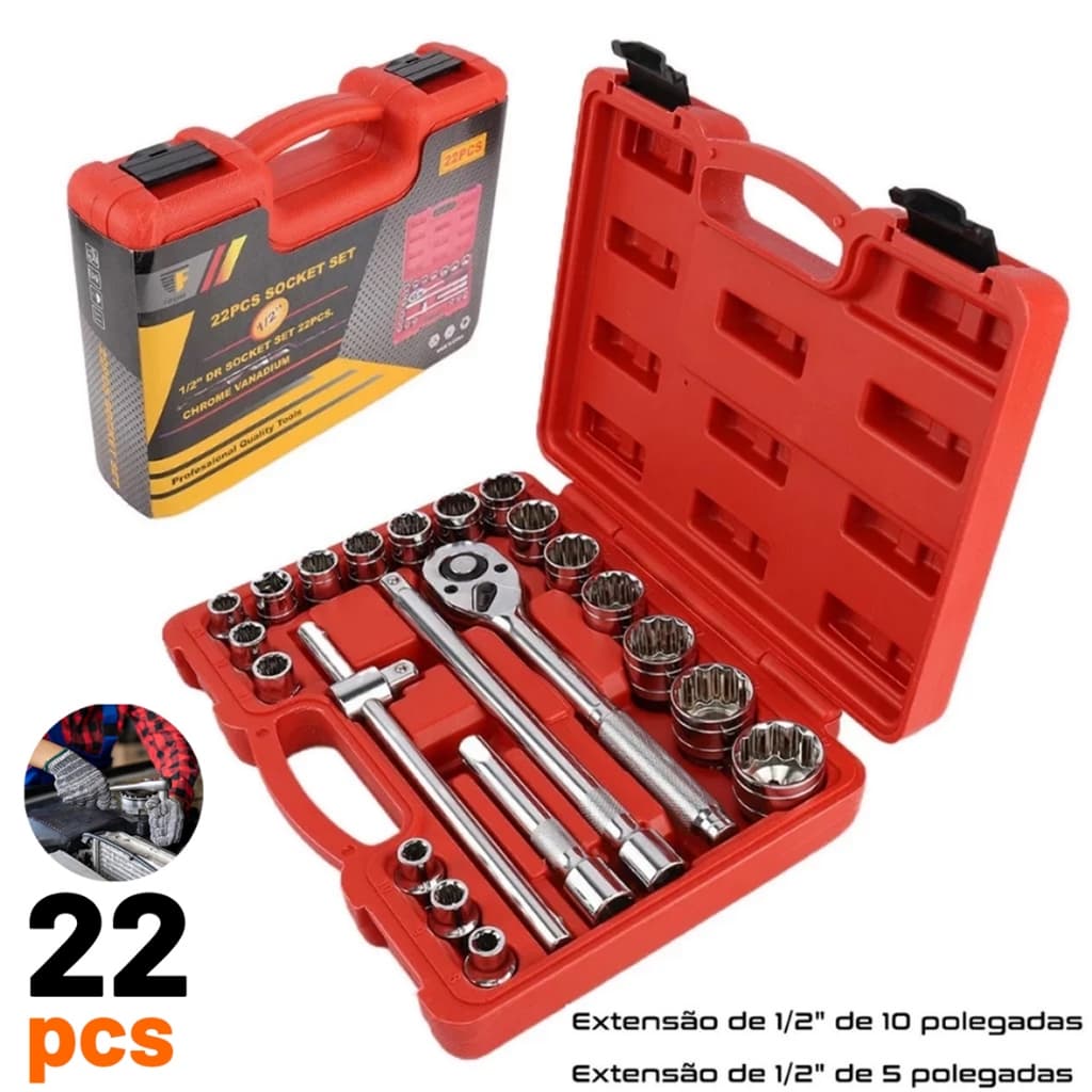 Kit Ferramentas 22 Peças Com Chave Catraca E Soquetes Estriados Cr-V Profissional