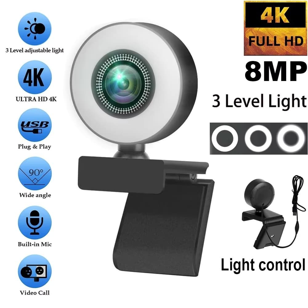 Novo 4K 1080P Webcam Controle De Luz Full HD 8MP PC Laptop Foco Automático Transmissão Ao Vivo Flexível Com Microfone