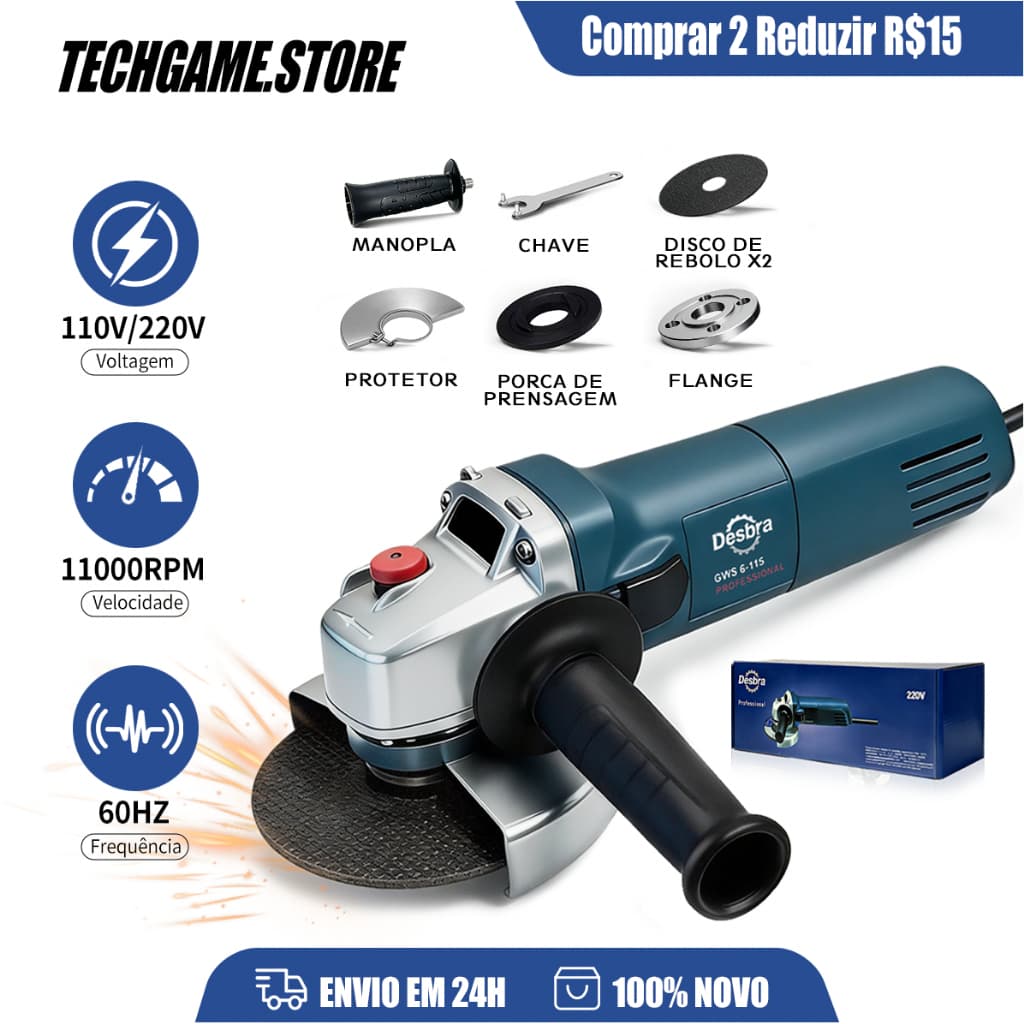 Esmerilhadeira Angular Profissional Kit Completo Bivolt 11000RPM 110V 220V Multifunção Cortar Lixar Polir