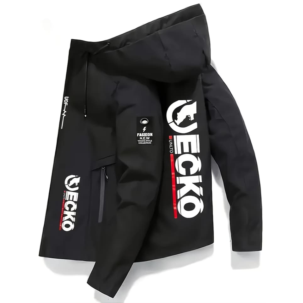Jaqueta Masculina Casual Com Capuz E Zíper , Casaco Leve Durável Estampa ECKO De Manga Comprida , À Prova De Vento Bolso