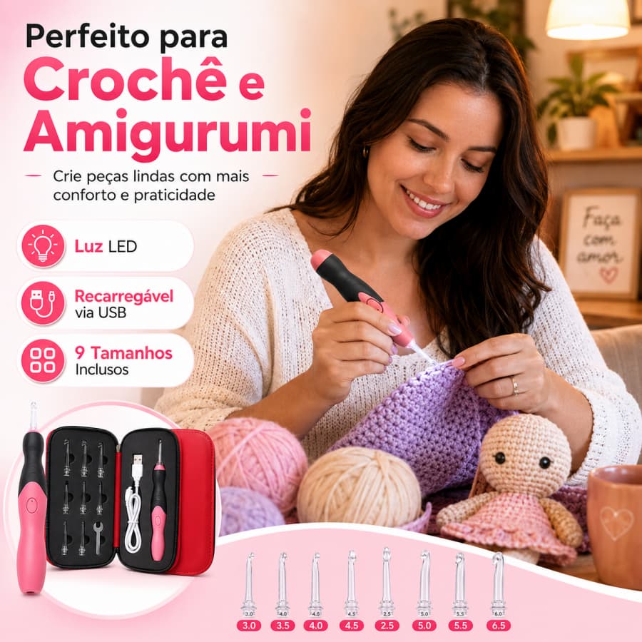 Kit Agulha de Crochê Iluminada 9 Pontas para Amigurumi e Artesanato