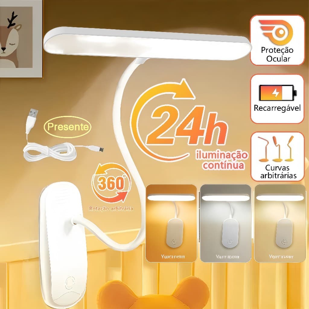 Luminária LED de Parede Recarregável Proteção Ocular 3 Tons de Luz Articulada 360° Sem Fio Instalação Fácil para Estudo