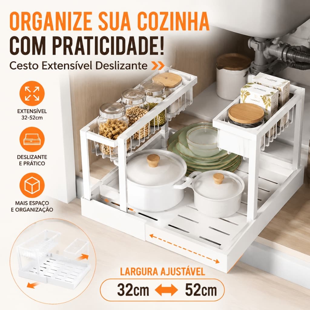 Rack Retrátil Organizador de Armário de Cozinha com 2 Cestas Deslizantes Ajustável Multiuso