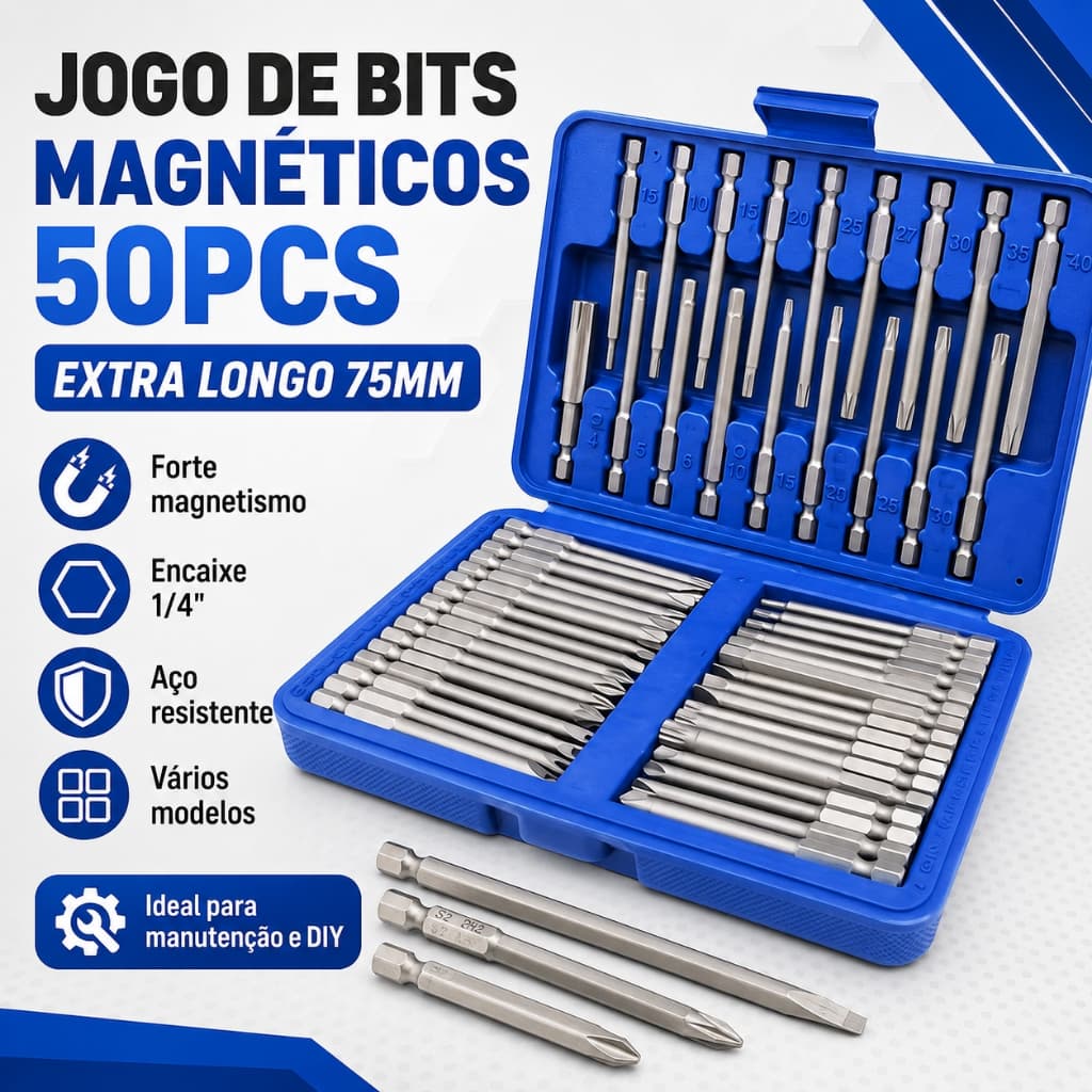 Jogo de Bits Magnéticos 50 Peças 75mm Extra Longo 1/4 Para Furadeira Parafusadeira DIY