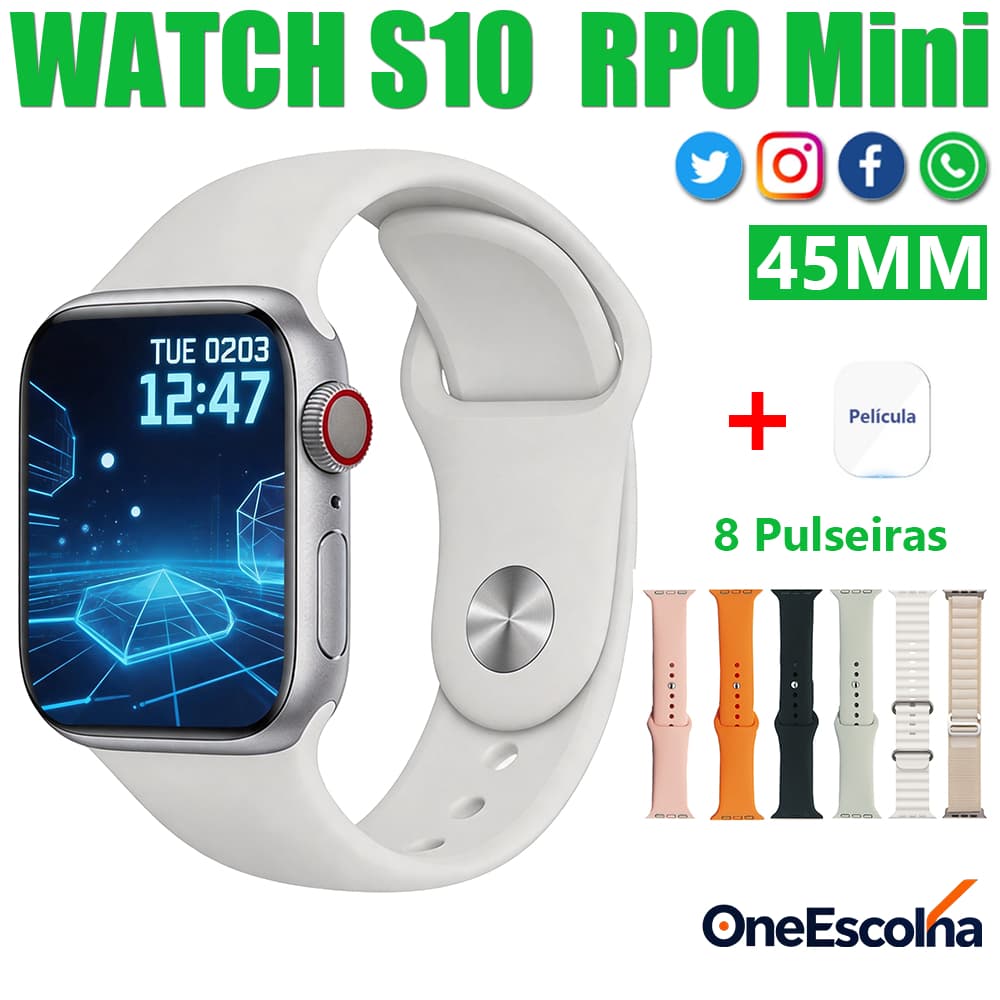 Novo Smartwatch S10 Mini 8 em 1 com Monitor de Pressão Chamada Bluetooth Esportivo e Impermeável