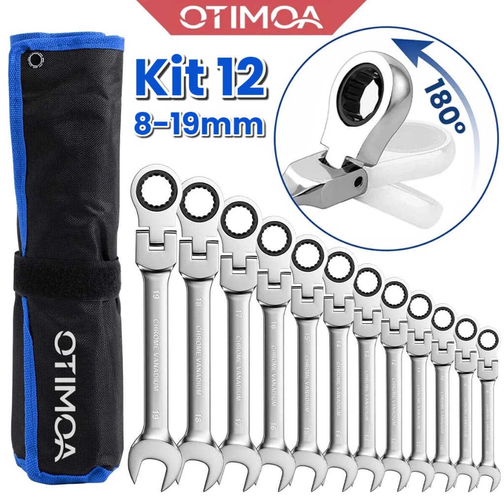 OTIMOA Jogo 12 Chaves Combinadas Catraca Articulada 180° Aço Cromo Vanádio Ferramenta Profissional Reparo Automotivo
