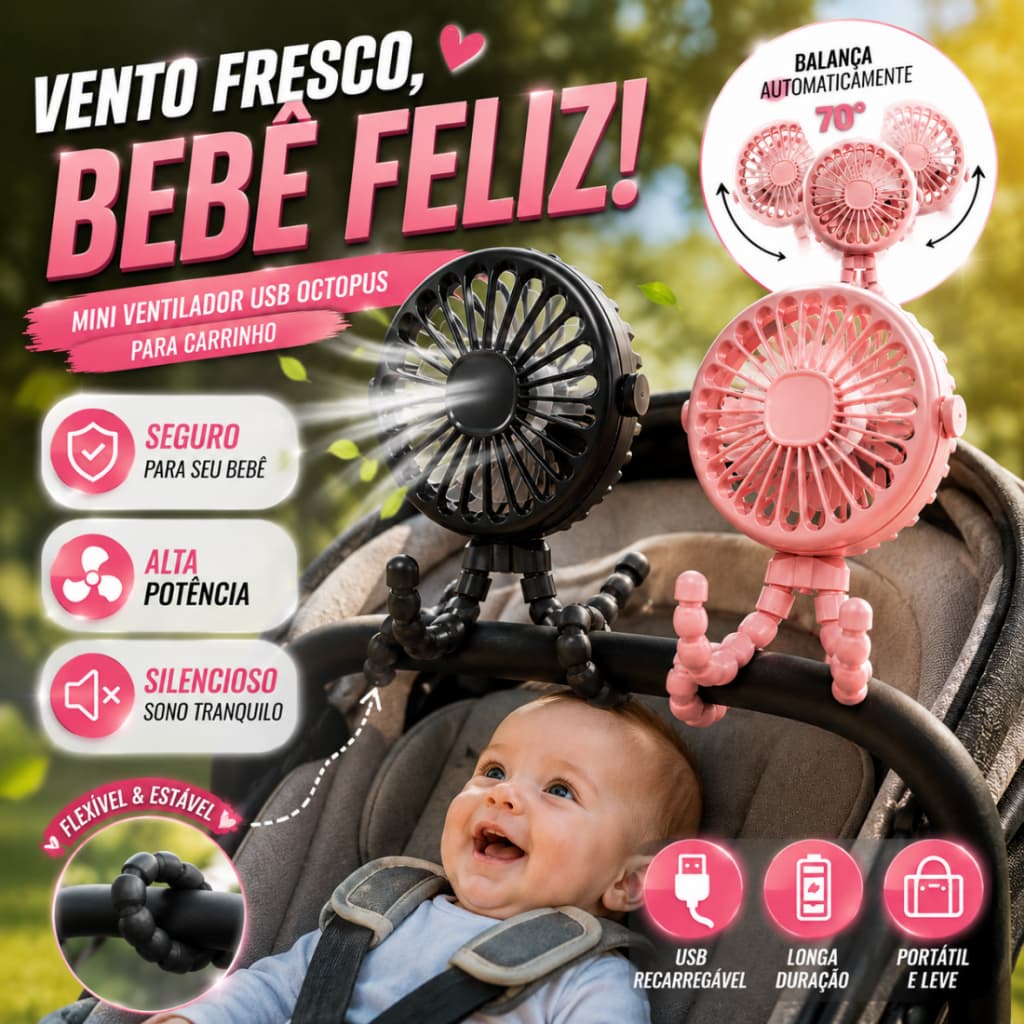 Mini Ventilador USB para Carrinho de Bebê Garra 360° Ajustável Portátil Recarregável Silencioso 3 Velocidades Estilo Ins