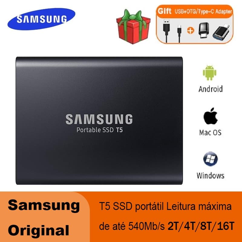 Disco Rígido Externo Portátil SAMSUNG T5 SSD 2 Tb-16 Unidade De Estado Sólido Para Grande Capacidade , Ideal Portabilida