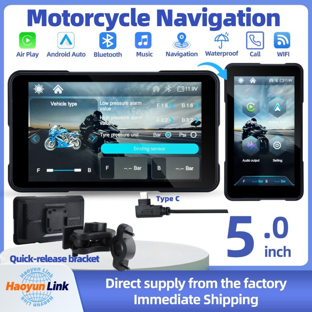 【5.0】Portable Motorcycle CarPlay Navigation System, suporte de liberação rápida e interface TypeC