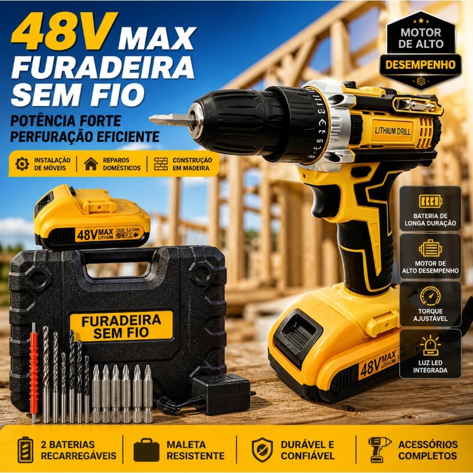Parafusadeira Furadeira 48V Bateria de Lítio, Versão Maleta 2 Baterias ou Caixa 1 Bateria, Kit Completo