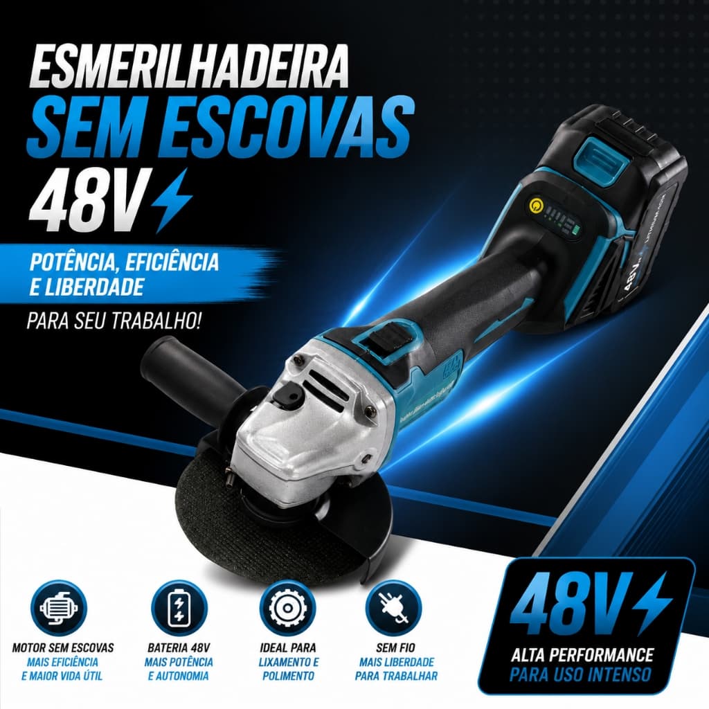 Esmerilhadeira Angular 48V Litio Sem Fio Brushless 2 Baterias 4 OU 3 Velocidades Ajustáveis