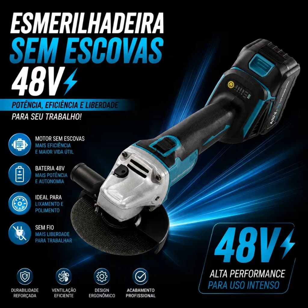 Esmerilhadeira Angular Sem Escova 48V 125mm 10000RPM 4 Velocidades Display LED para Corte e Lixamento