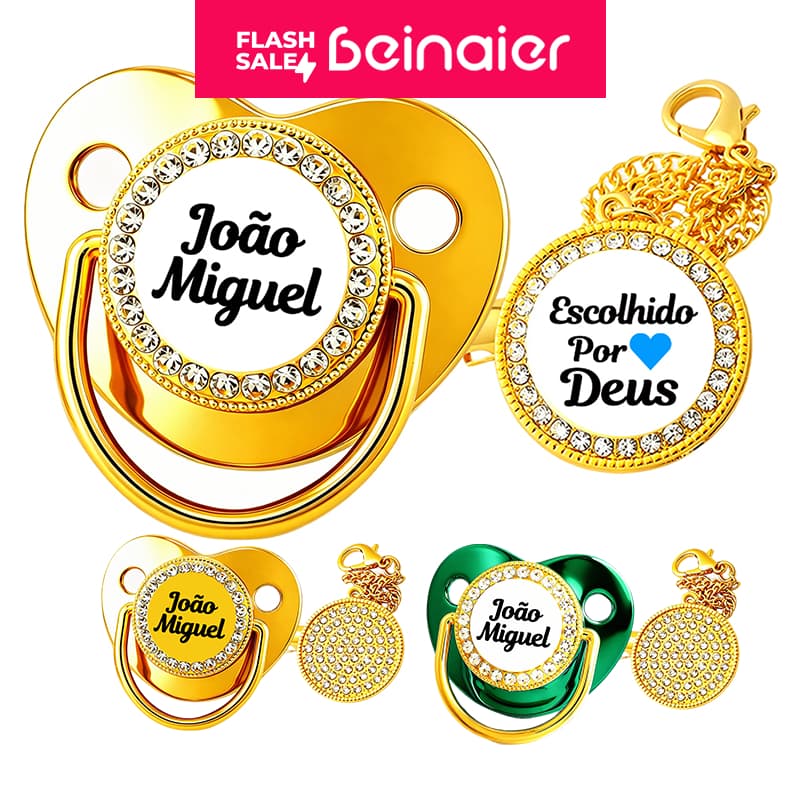 Chupeta dourada personalizada com nome do bebê, bicos de silicone e corrente, livre de BPA