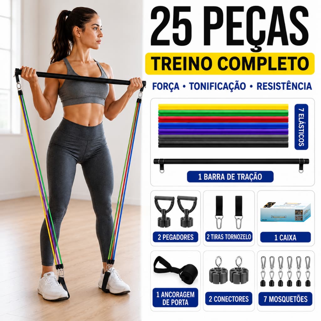 Kit 25 Itens Treino em Casa: Elásticos Extensor + Barra Pilates + Faixas Mini Band+Acessórios Completos para Musculação