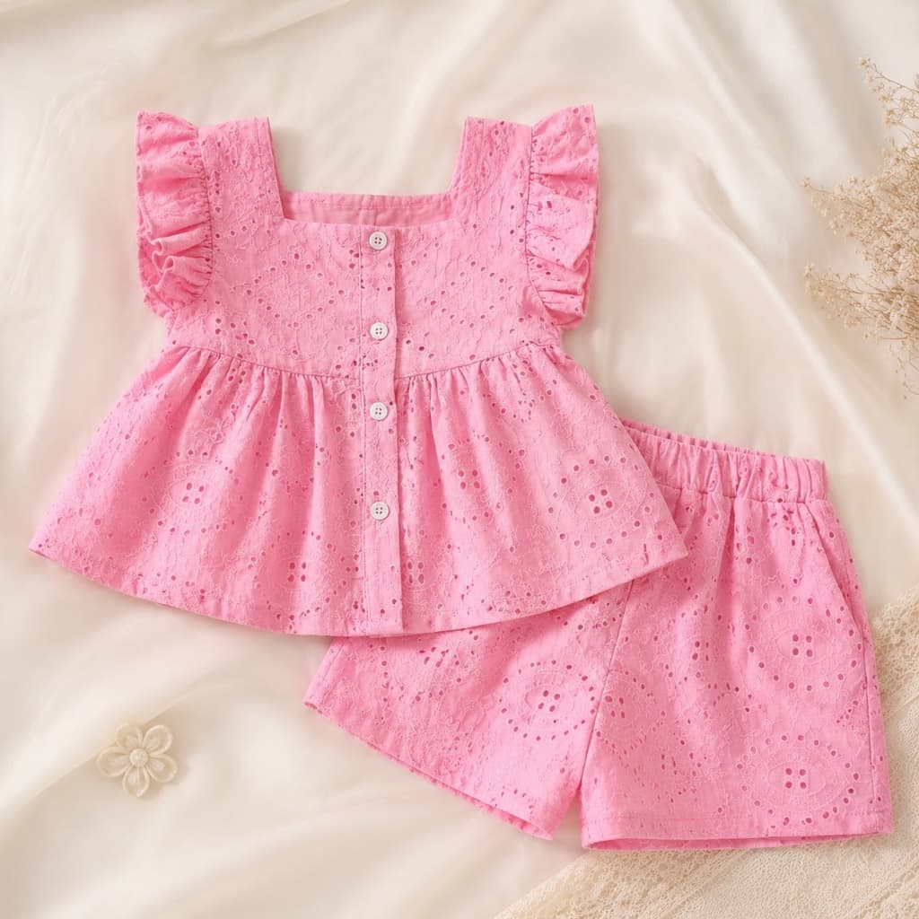 Bebê Menina Rosa Ilhó Bordado Roupa De Verão Roupas Da Criança Plissado Manga Topo + Shorts 2 Peças Conjunto Princesa 0-