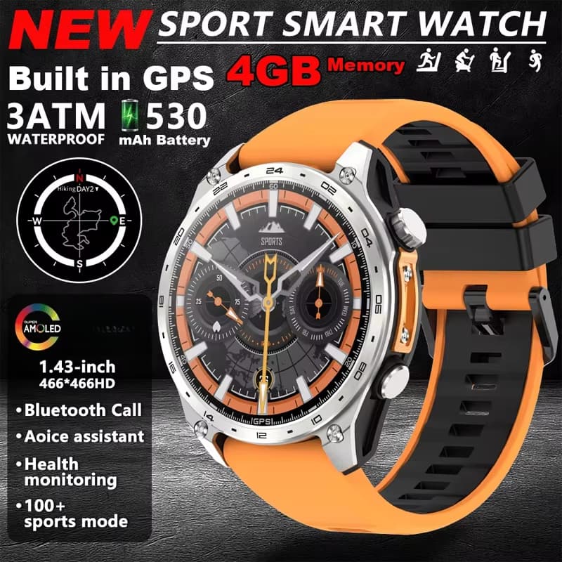 HD300 Pro Masculino Smartwatch Relógio Inteligente AMOLDE GPS Pista Mapa Offline 4GB Gravador De Memória Lanterna Esport