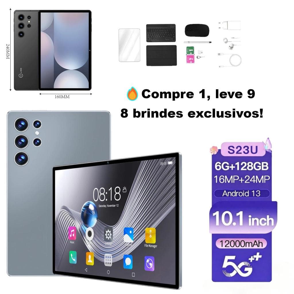 Tablet 10.5 Polegadas 6GB 128GB com Teclado Mouse e Caneta 8000mAh Bateria Longa Duração