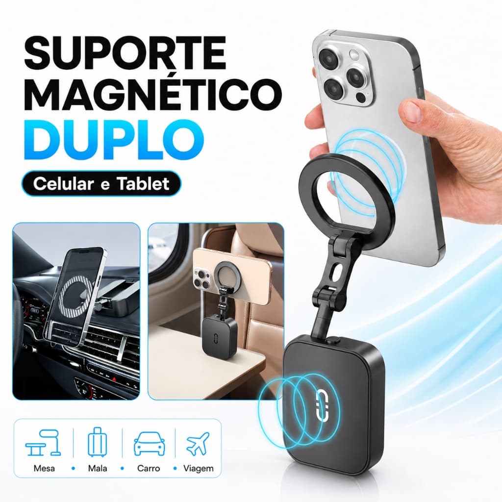Suporte Magnético Duplo N52 MagSafe ideal para celular e tablet, uso em avião, carro, mesa e viagens