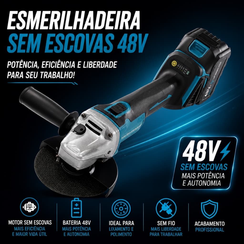 Esmerilhadeira Angular Sem Fio 48V Lixadeira Politriz 2 Baterias Corpo Resistente Kit Completo