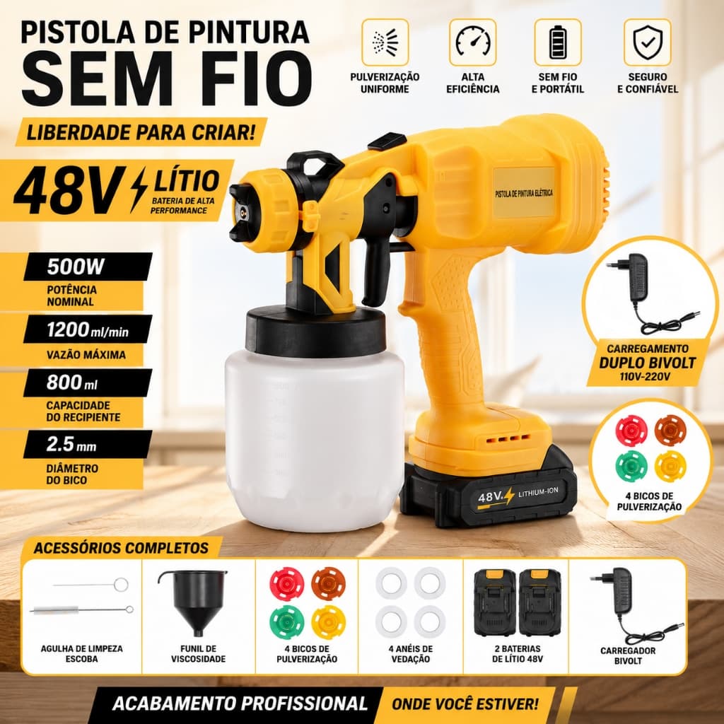 Pistola de Pintura Elétrica 48V Sem Fio, modelo disponível em versão com fio e sem fio, kit completo de pulverização por
