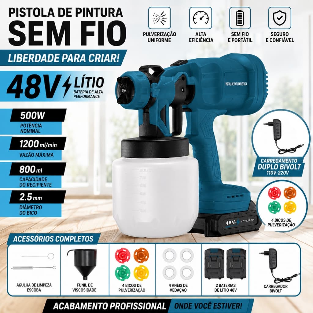 Pistola de Pintura Pulverizador Elétrico Kit Completo Sem Fio 48V Litio com 2 Baterias