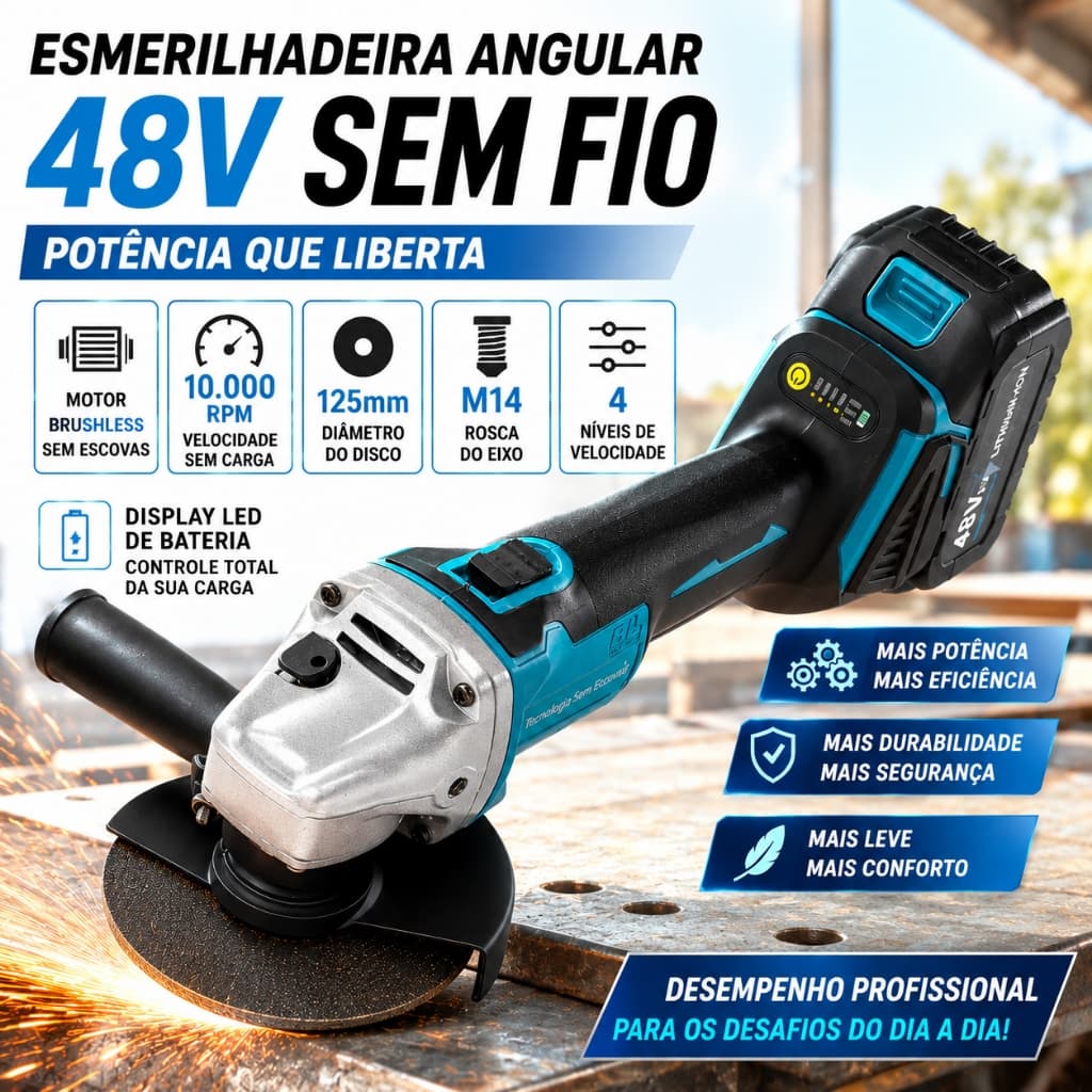 Esmerilhadeira Angular 4 Velocidades Sem Fio 125mm Brushless 48V Litio 2 Baterias LED