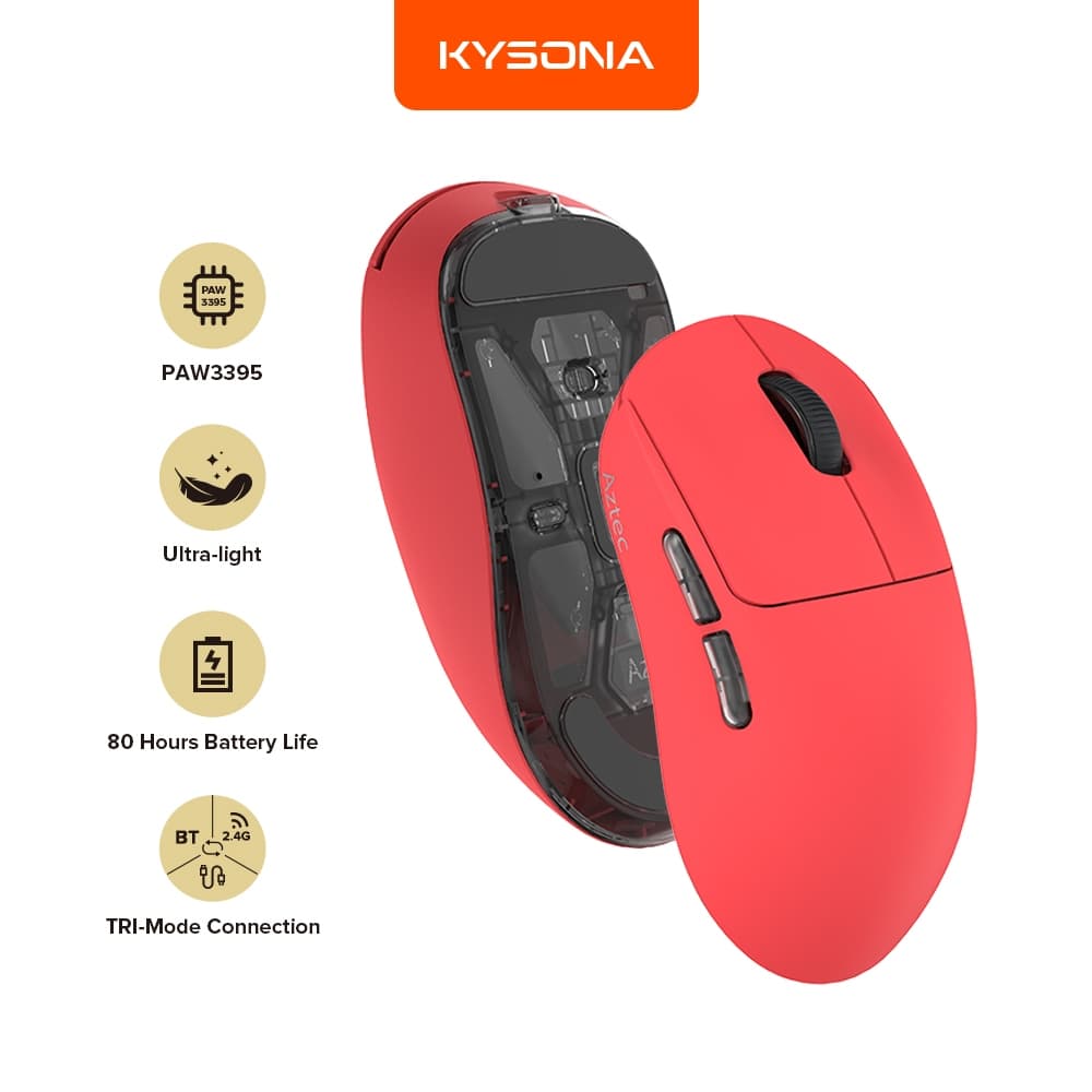 Mouse Leve Para Jogos KYSONA Asteca PAW3395 26000DPI Recarregável Sem Fio