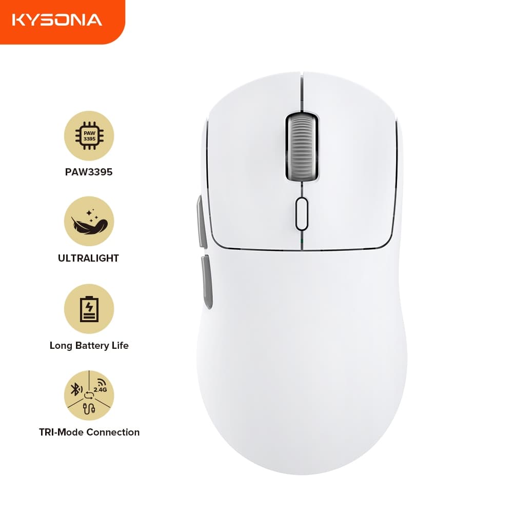Mouse Ultraleve Para Jogos KYSONA M600 V2 PAW3395 6 Níveis Ajustáveis 26000DPI Sem Fio