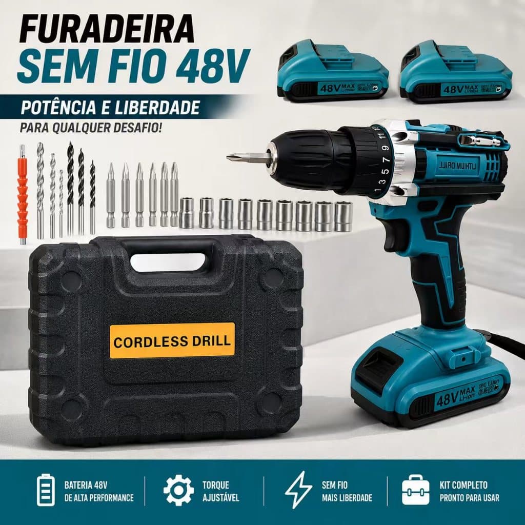Parafusadeira Furadeira Elétrica Multifuncional Sem Fio 48V - Carregador Bivolt 110/220V com 2 Baterias e Maleta