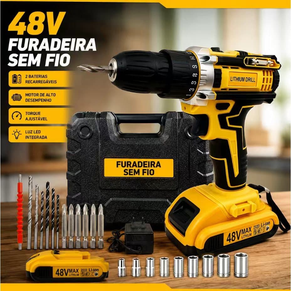 Parafusadeira Furadeira Sem Fio 48V - Bivolt, 2 Baterias, Maleta de Transporte e Acessórios