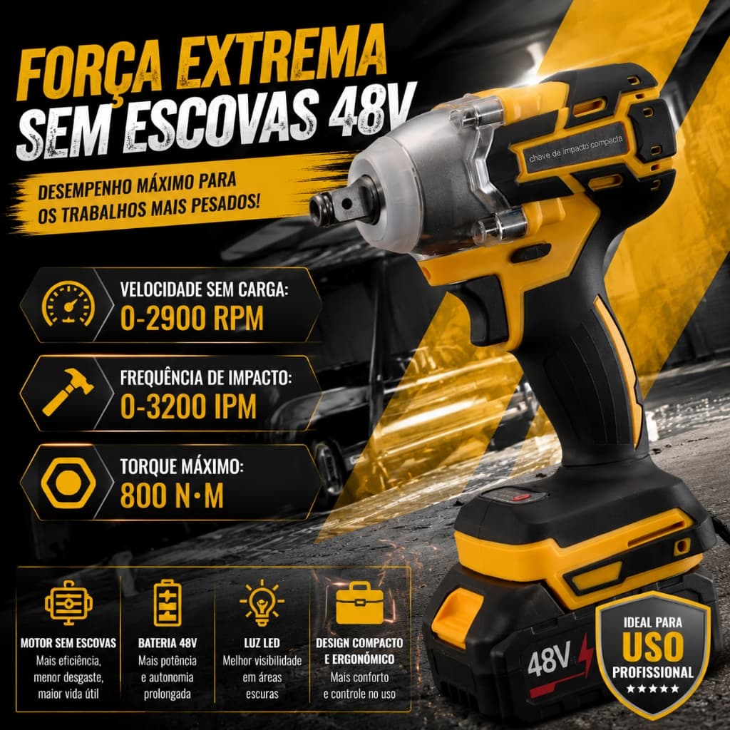 Chave De Impacto Industrial Sem Fio Sem Escova De 1/2 Polegada 48V Kit Completo De Ferramentas Com Maleta