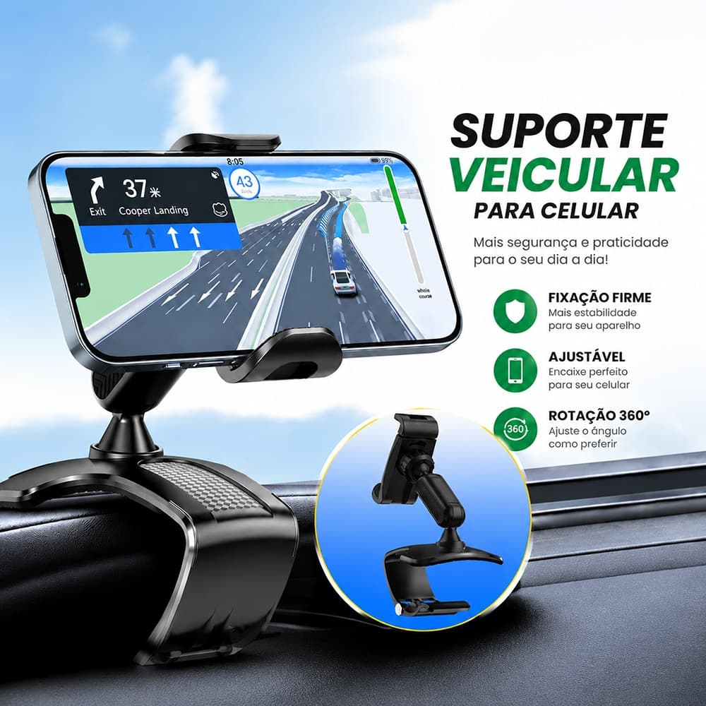 Suporte Para Celular Carro Universal 360° Giratório Ajustável Veicular Painel Retrovisor GPS Seguro Resistente