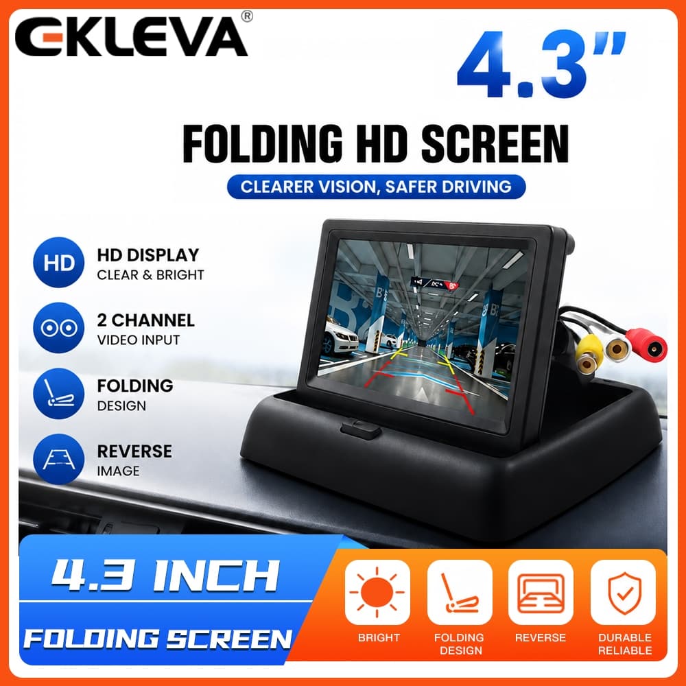 EKLEVA Monitor De Carro Dobrável De 4.3 Polegadas TFT LCD Vista Traseira Tela De Câmera Reversa Entrada De Vídeo De 2 Ca