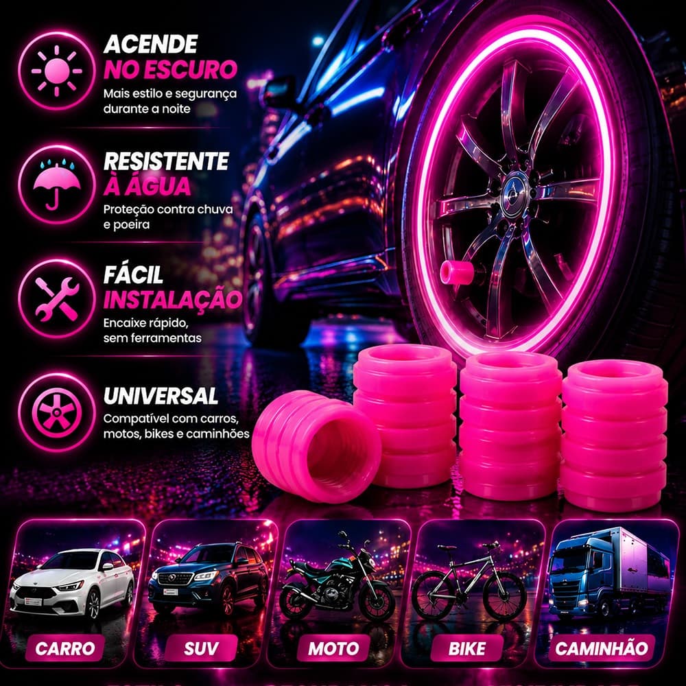 Tampa de Válvula para Pneu Bike Moto Carro 4/8 Peças Material Fluorescente Brilha no Escuro Segurança Noturna