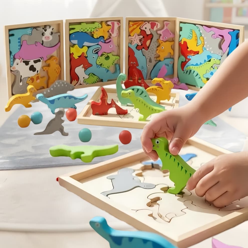 Quebra Cabeça 3D Animais Madeira Montessori Brinquedo Educativo Infantil Cognitivo Dinossauro Placa Encaixe