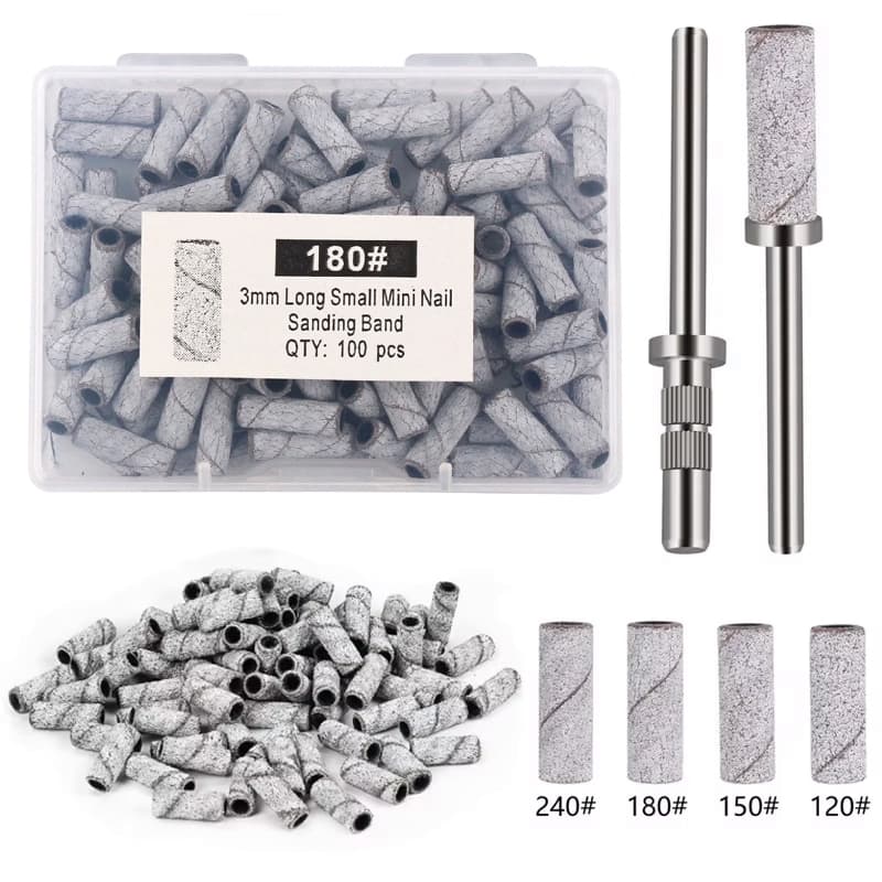 100 Pçs/Caixa 3mm Mini Bandas De Lixa Kits Prego Brocas Mandril Conjuntos Acessórios Manicure Elétrica Ferramenta Remove