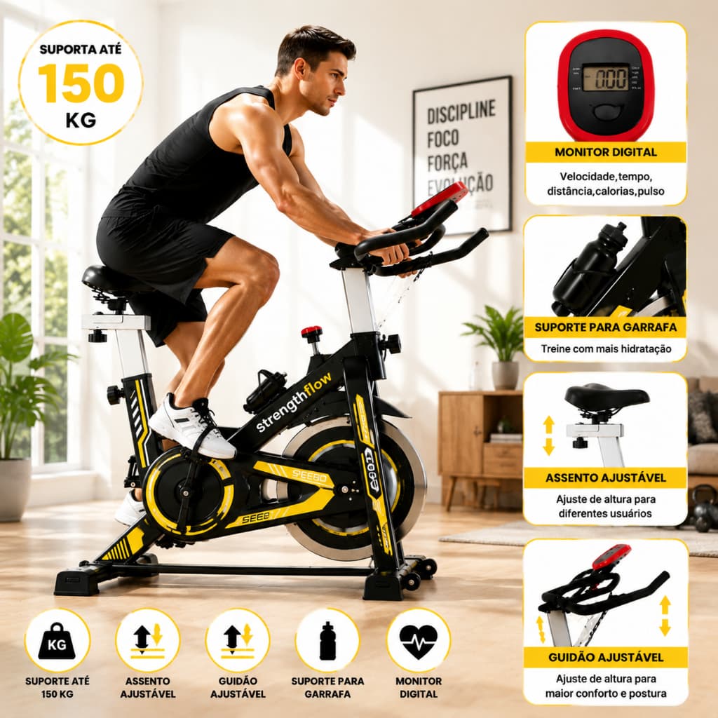 Bicicleta Ergometrica Spinning Com Roda De Inércia Para Fitness Profissional e Treino Esportivo 150kg