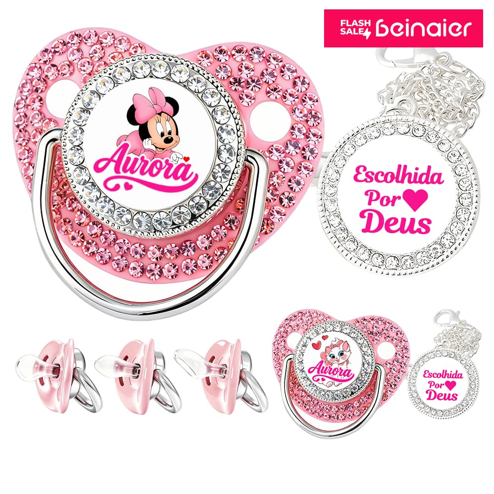 Kit chupeta de bebê rosa diamante, pode personalizar o nome do bebê, chupeta de Silicone, sem BPA
