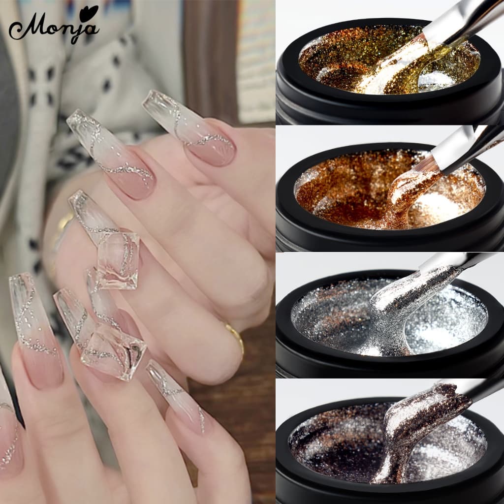 Monja Esmalte em Gel Glitter Platina 5ml Refletivo Brilhante 4 Cores Ouro Prata Preto UV LED Manicure
