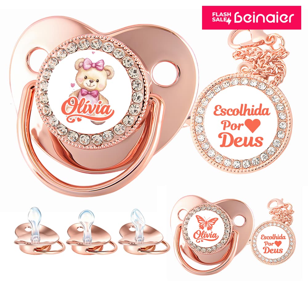 Kit de chupeta de bebê em ouro rosa, pode personalizar o nome do bebê, chupeta de silicone BPA Free