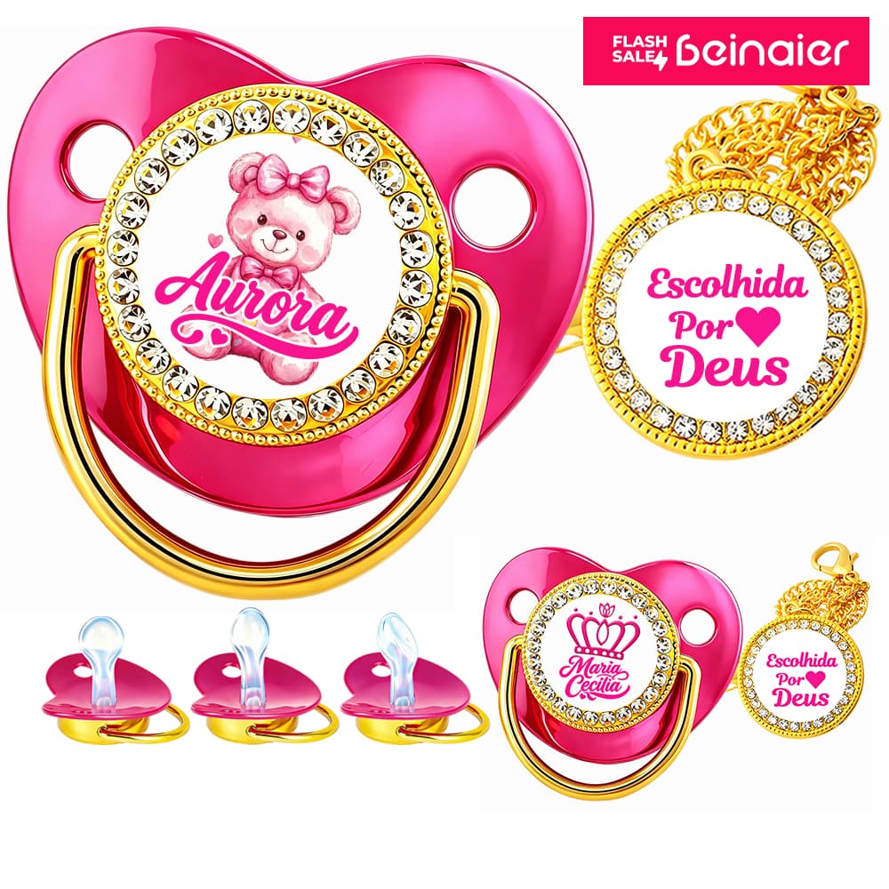 KIT CHUPETA DE BEBÊ ROSA VERMELHA, PODE PERSONALIZAR O NOME DO BEBÊ, CHUPETA DE SILICONE, BPA FREE