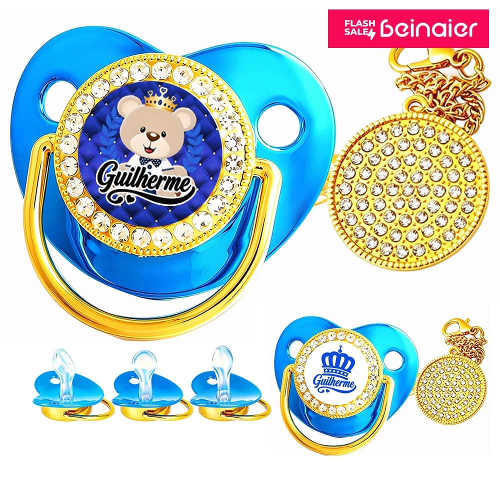KIT CHUPETA AZUL PARA BEBÊ, PODE PERSONALIZAR O NOME DO BEBÊ, CHUPETA DE SILICONE, BPA FREE