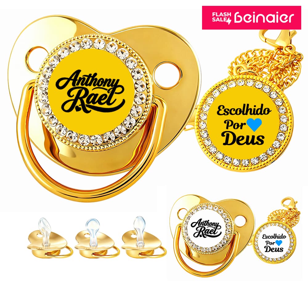 KIT CHUPETA DOURADA PARA BEBÊ PERSONALIZÁVEL COM NOME, BICO DE SILICONE LIVRE DE BPA